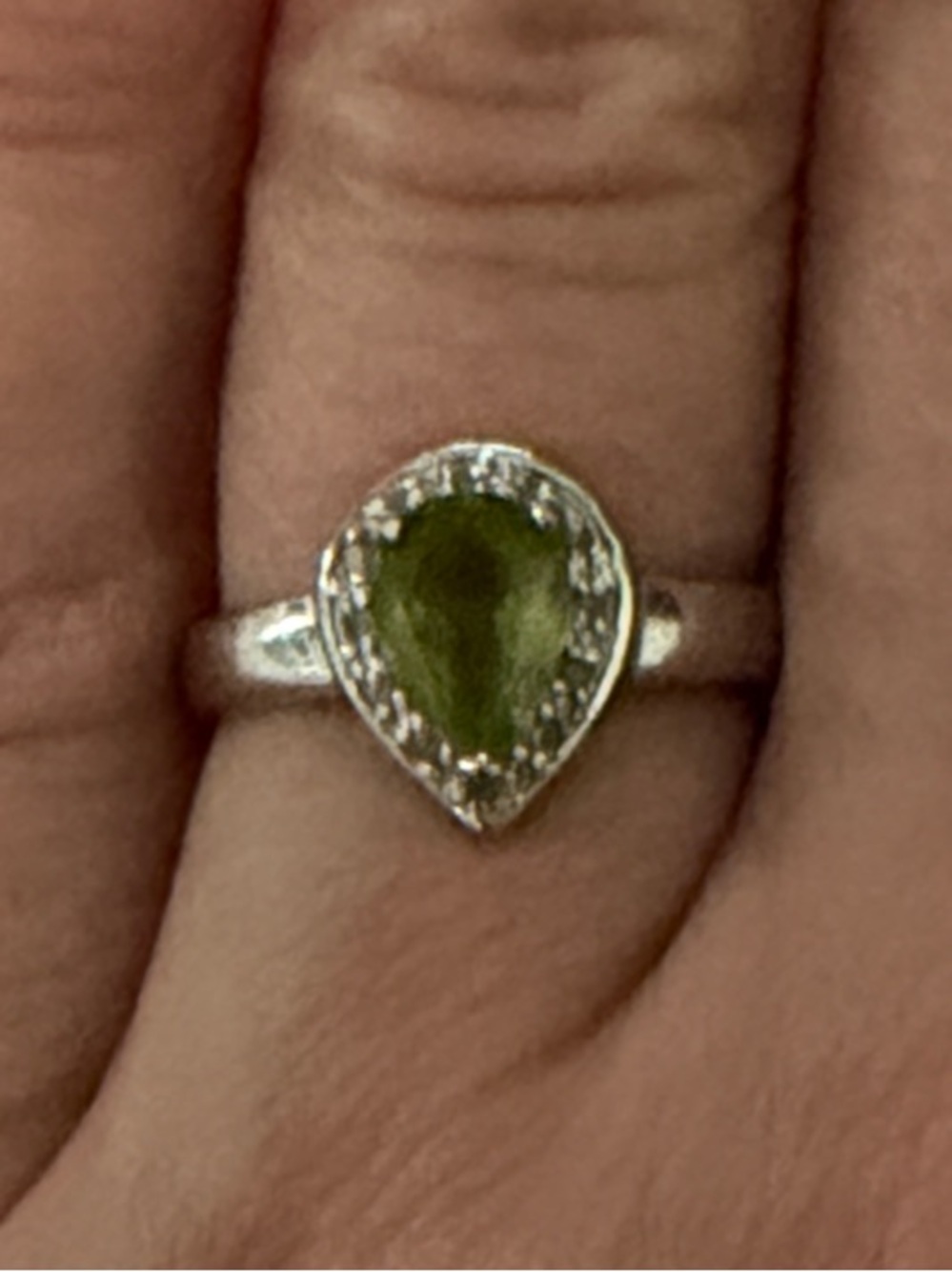 Sterling Silver Green Peridot Teardrop Ring with Halo